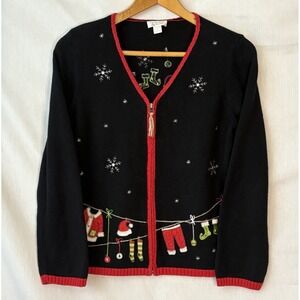 Christopher‎ & Banks Women M Ugly Christmas Cardigan Sweater Santa Clothesline